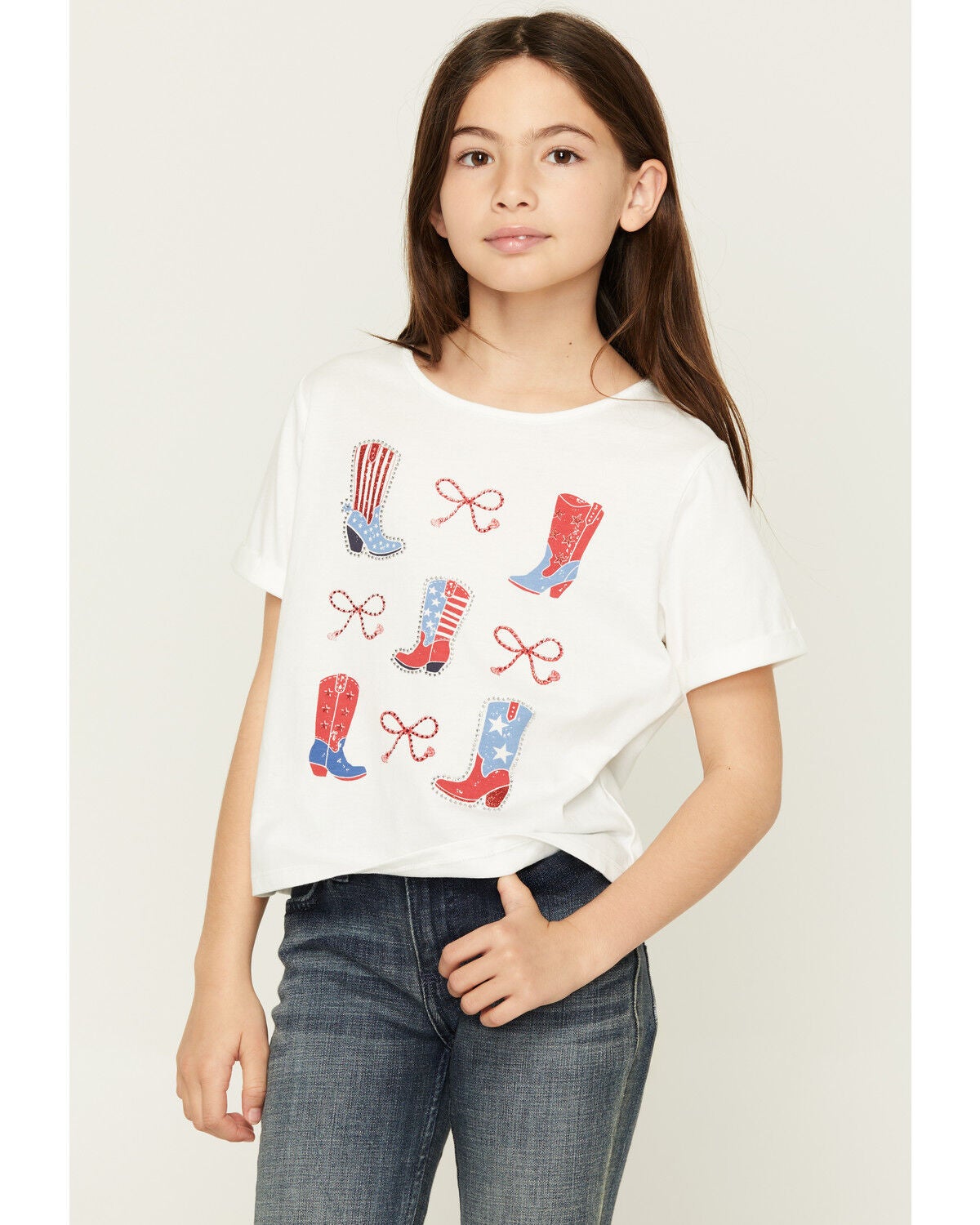 Buttercup Girls' Americana Embellished Boots Short Sleeve Graphic Tee, White, hi-res