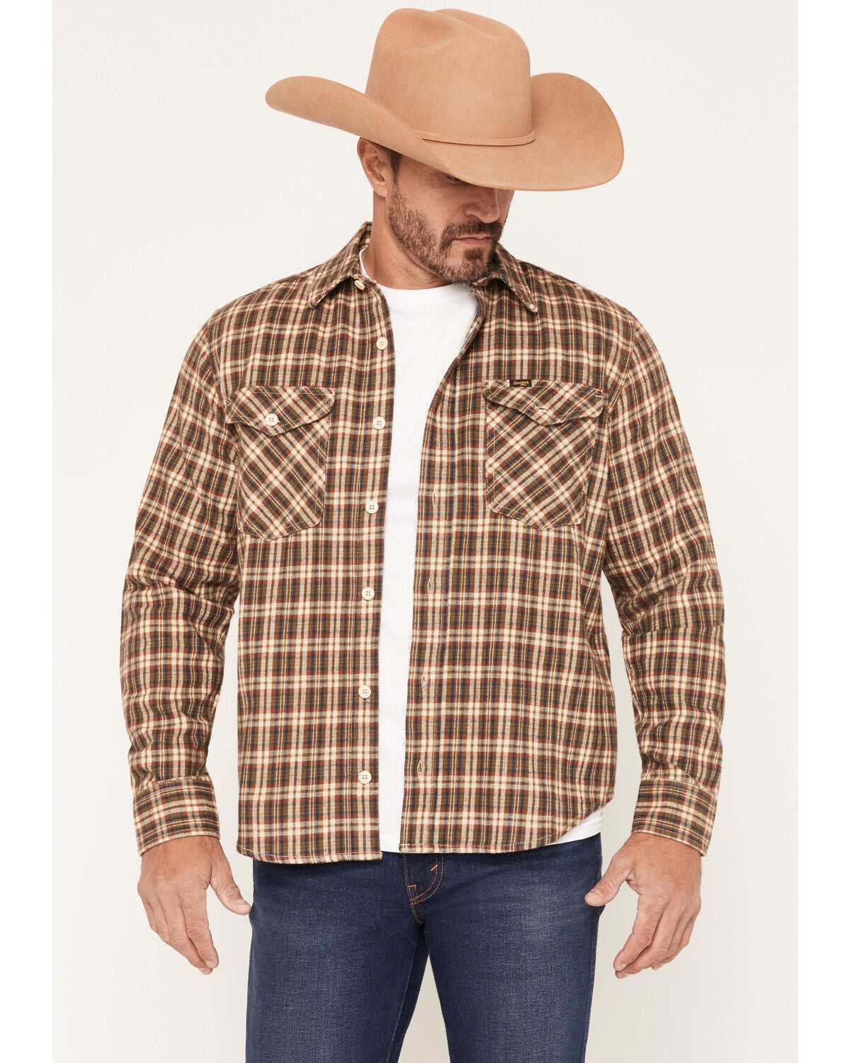 Seager Men's Calico Plaid Print Long Sleeve Button-Down Flannel Shirt, Caramel, hi-res