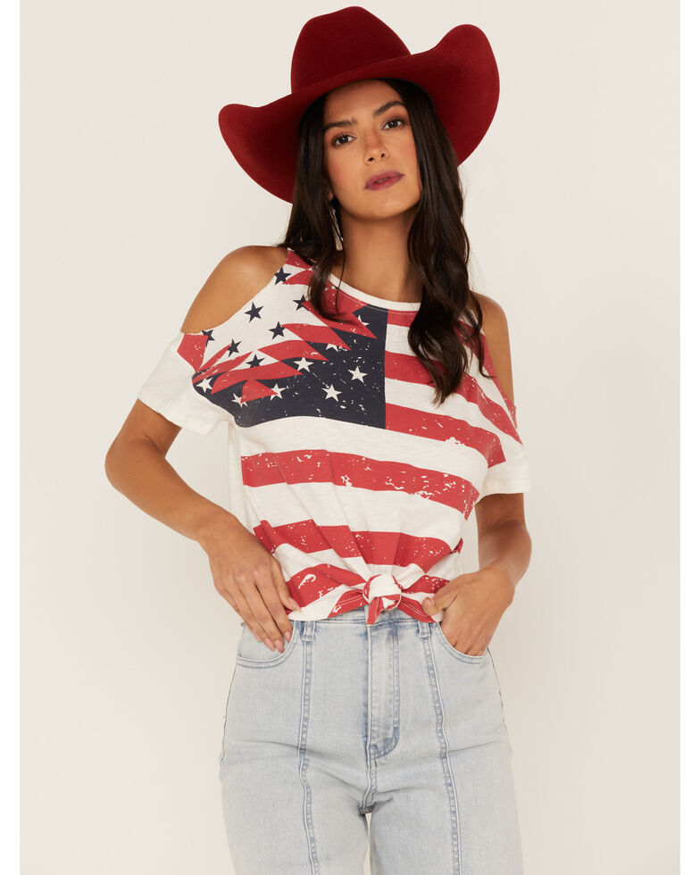Shyanne Women's Americana Southwestern Flag Cold Shoulder Graphic Tee, Ivory, hi-res