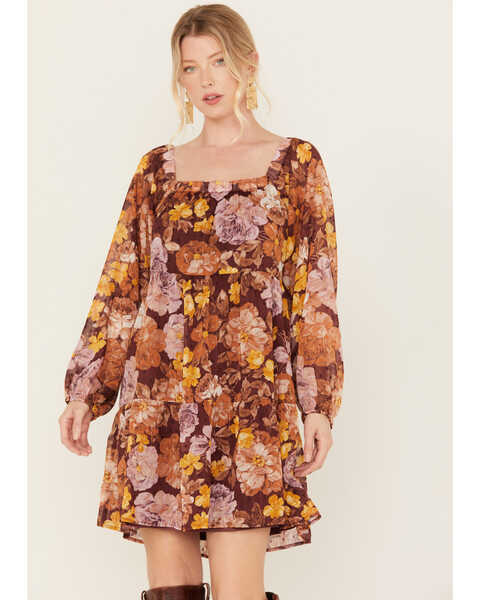 Image #2 - En Creme Women's Floral Print Long Sleeve Mini Dress, Multi, hi-res