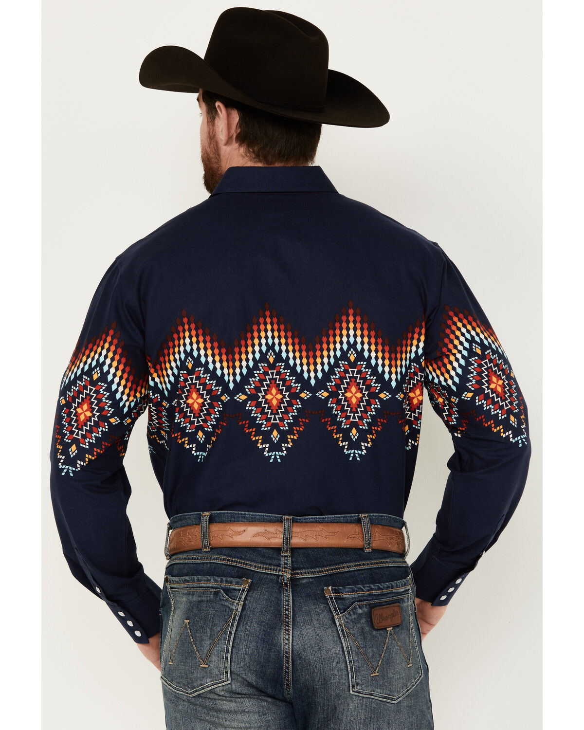 Image #4 - Panhandle Men's Southwestern Border Print Long Sleeve Pearl Snap Western Shirt, Navy, hi-res