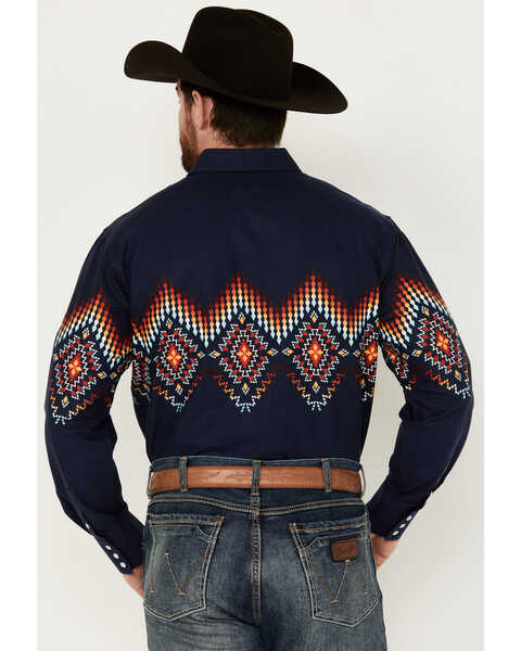 Image #4 - Panhandle Men's Southwestern Border Print Long Sleeve Pearl Snap Western Shirt , Navy, hi-res