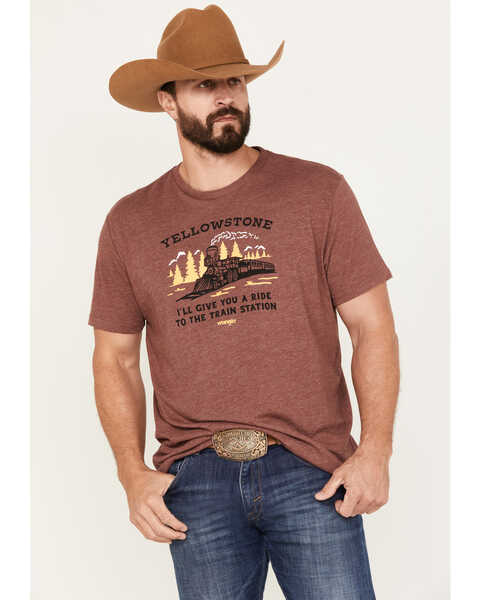 Wrangler Yellowstone Men's Yellowstone Train Station Short Sleeve Graphic T-Shirt, Burgundy, hi-res