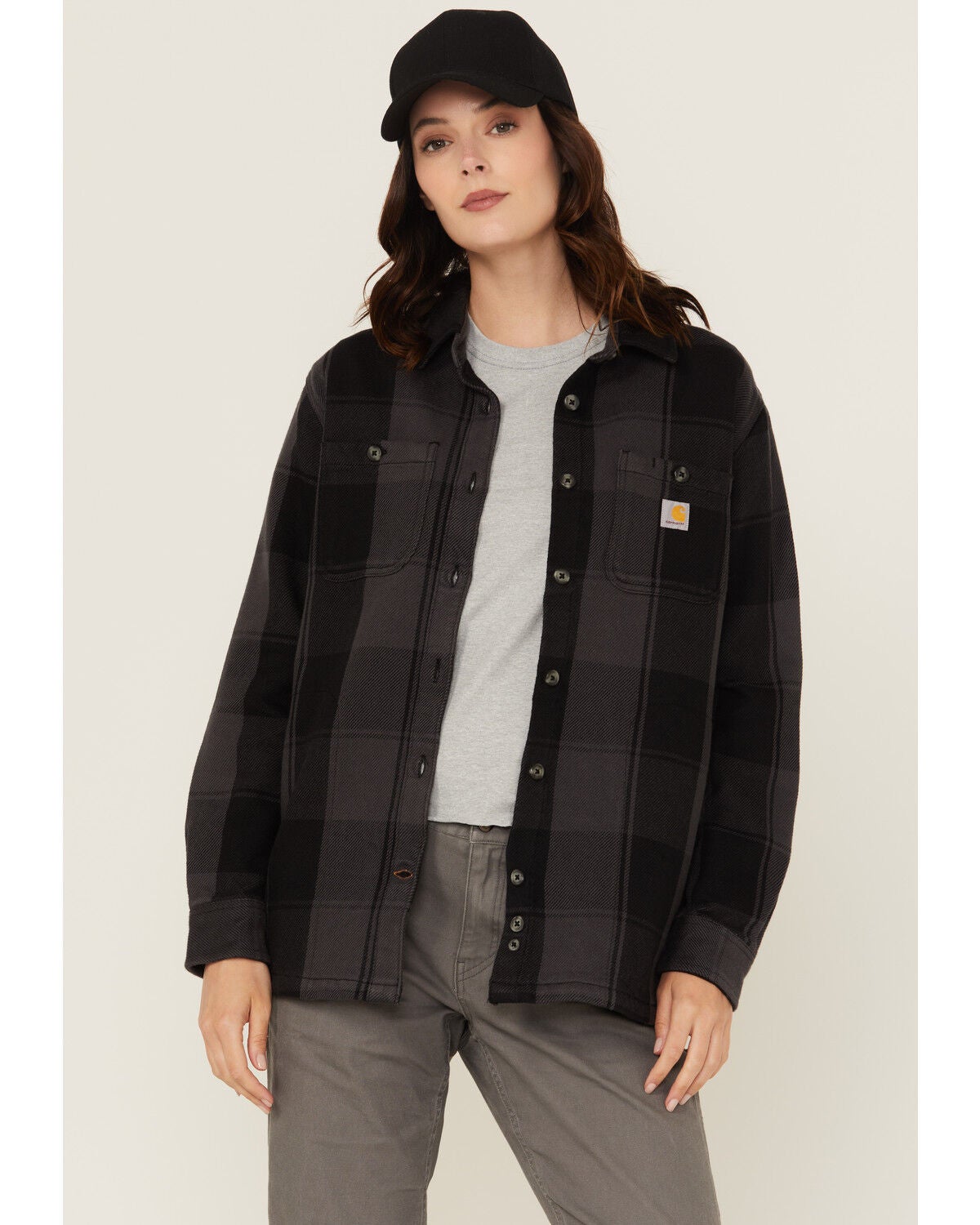 Image #1 - Carhartt Women's Rugged Flex&reg; Loose Fit Heavyweight Duck Long Sleeve Button-Down Shacket, Black, hi-res