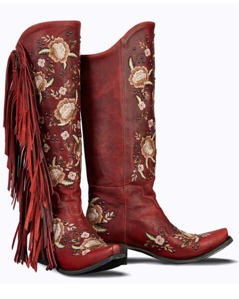 Image #1 - Lane Women's Flora Fringe Western Boots - Snip Toe, Ruby, hi-res