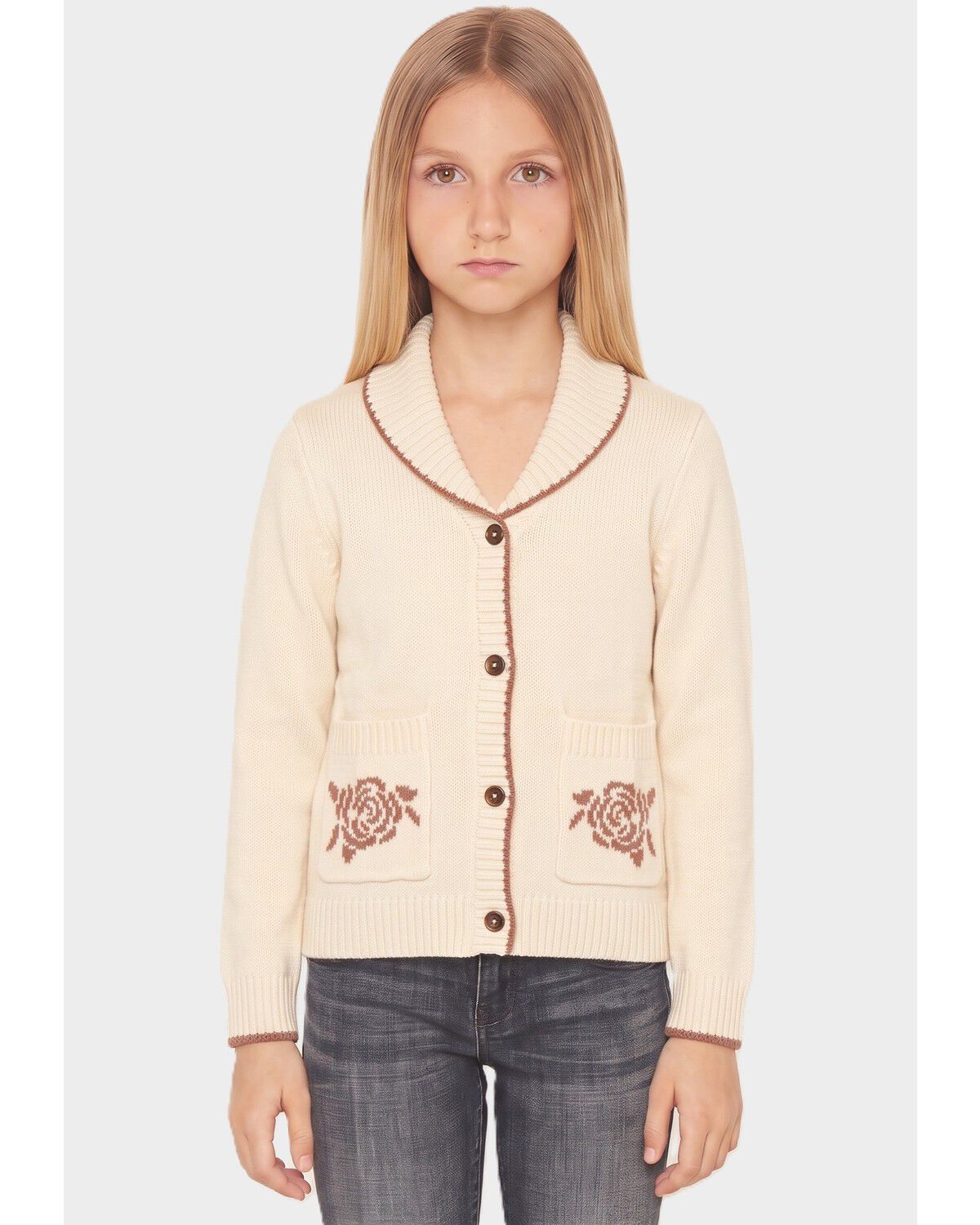 Shyanne Girls' Floral Horseshoe Cardigan, Ivory, hi-res