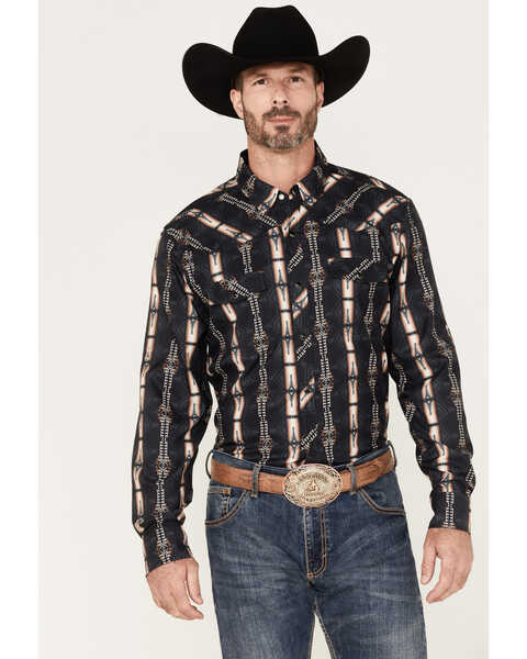 Image #1 - Rock & Roll Denim Men's Tek Southwestern Print Long Sleeve Pearl Snap Western Shirt, Dark Brown, hi-res