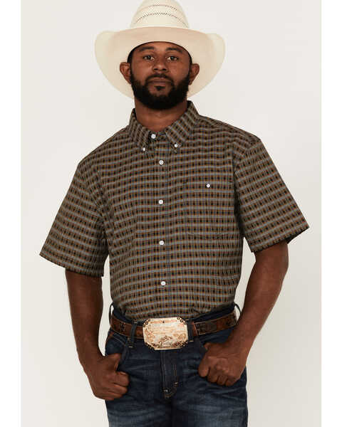 RANK 45® Men's Steer Small Plaid Print Short Sleeve Button-Down Western Shirt , Black, hi-res