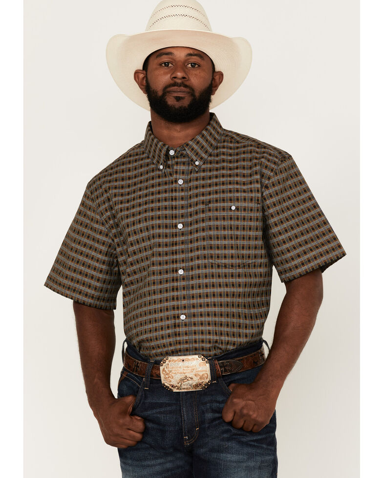Rank 45 Men's Steer Small Plaid Short Sleeve Button-Down Western Shirt , Black, hi-res