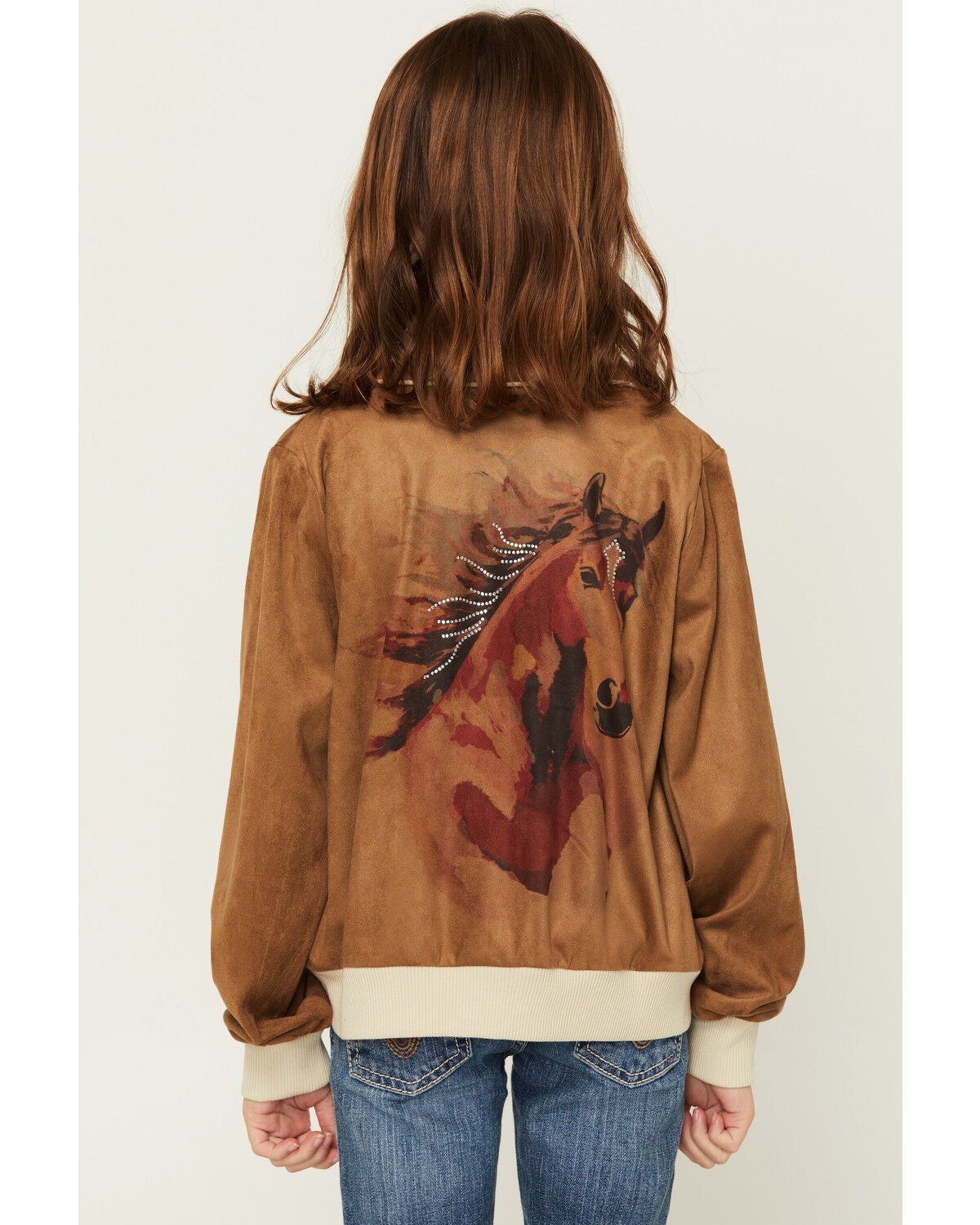 Image #1 - Shyanne Girls' Studded Faux Suede Horse Button-Down Jacket, Coffee, hi-res