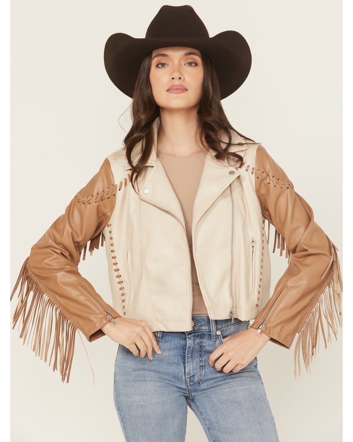 Blue B Women's Fringe Whip Stitch Faux Leather Moto Jacket, Taupe, hi-res