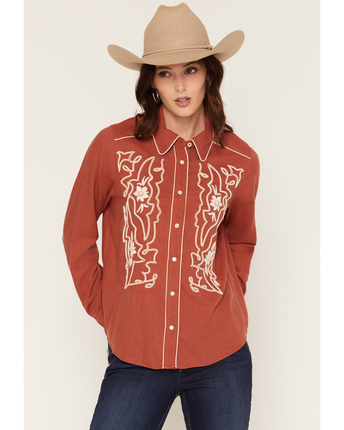 Kimes Ranch Women's Stevie Floral Embroidered Long Sleeve Pearl Snap Western Shirt, Red, hi-res