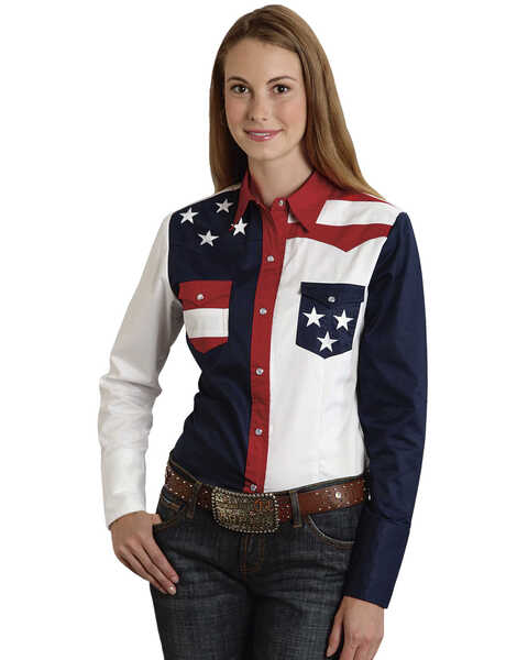 Image #1 - Roper Women's Stars & Stripes Colorblock Western Shirt, Patriotic, hi-res
