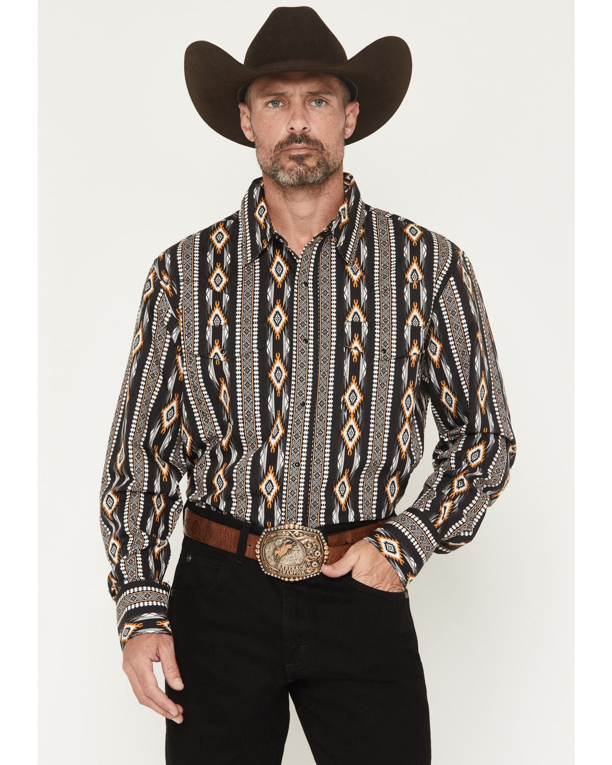 Image #1 - Wrangler Men's Checotah Southwestern Print Long Sleeve Snap Western Shirt - Tall, Black, hi-res