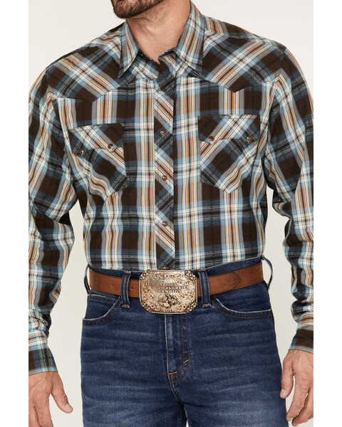 Image #3 - Roper Men's Plaid Print Long Sleeve Snap Western Shirt, Brown, hi-res