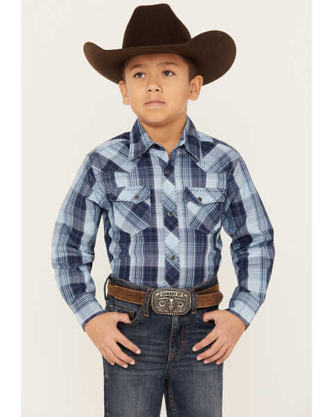 Wrangler Boys' Plaid Print Long Sleeve Western Shirt, Blue, hi-res