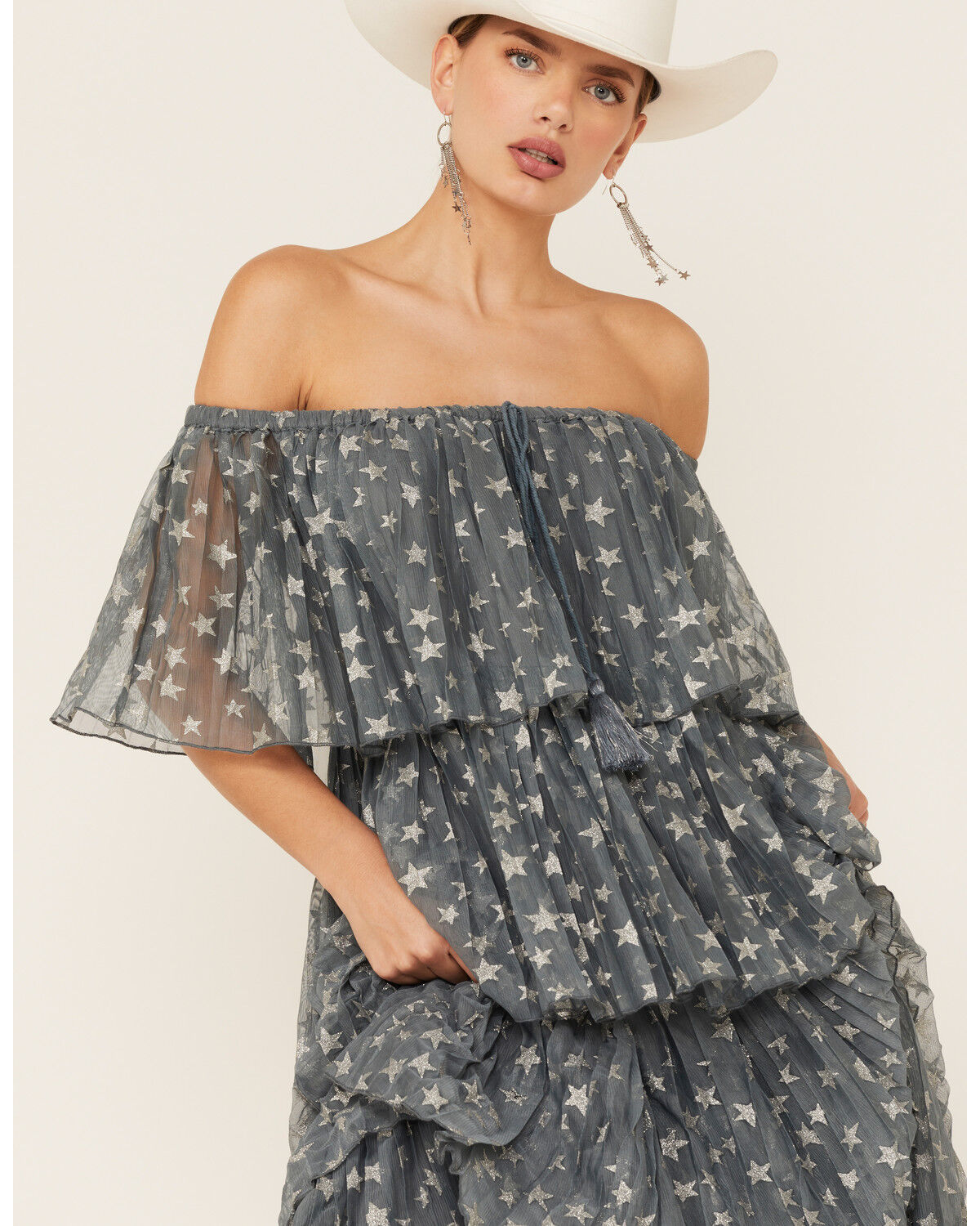Image #3 - Z&L Women's Off-the-Shoulder Star Print Tiered Midi Dress, Multi, hi-res