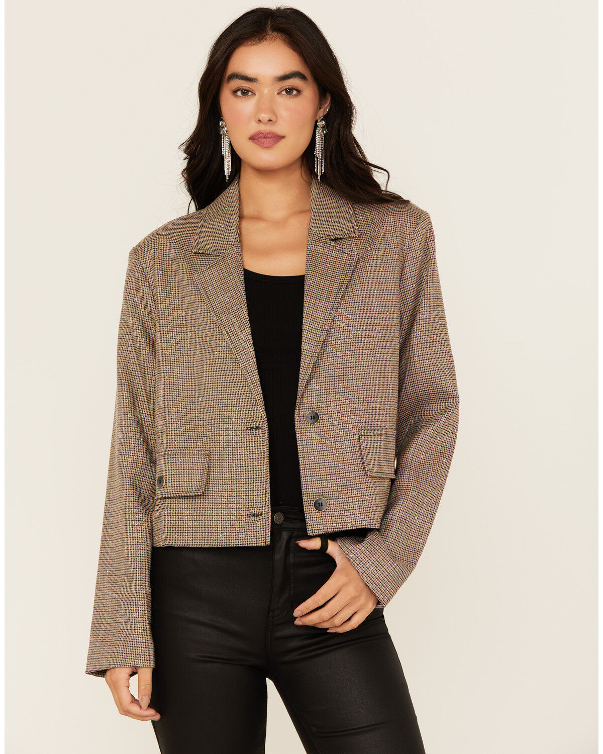Image #1 - Mystree Women's Plaid Print Rhinestone Cropped Blazer, Lt Brown, hi-res