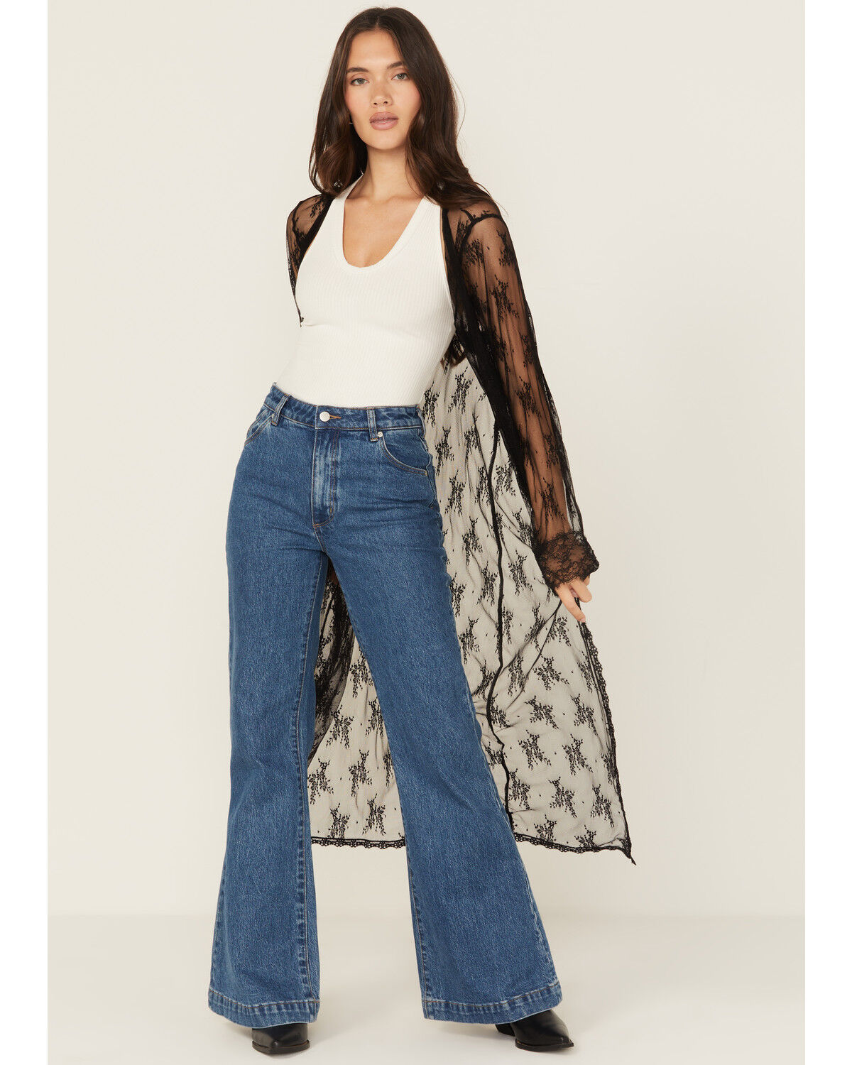 Image #1 - Beyond The Radar Women's Lace Long Sleeve Kimono, Black, hi-res