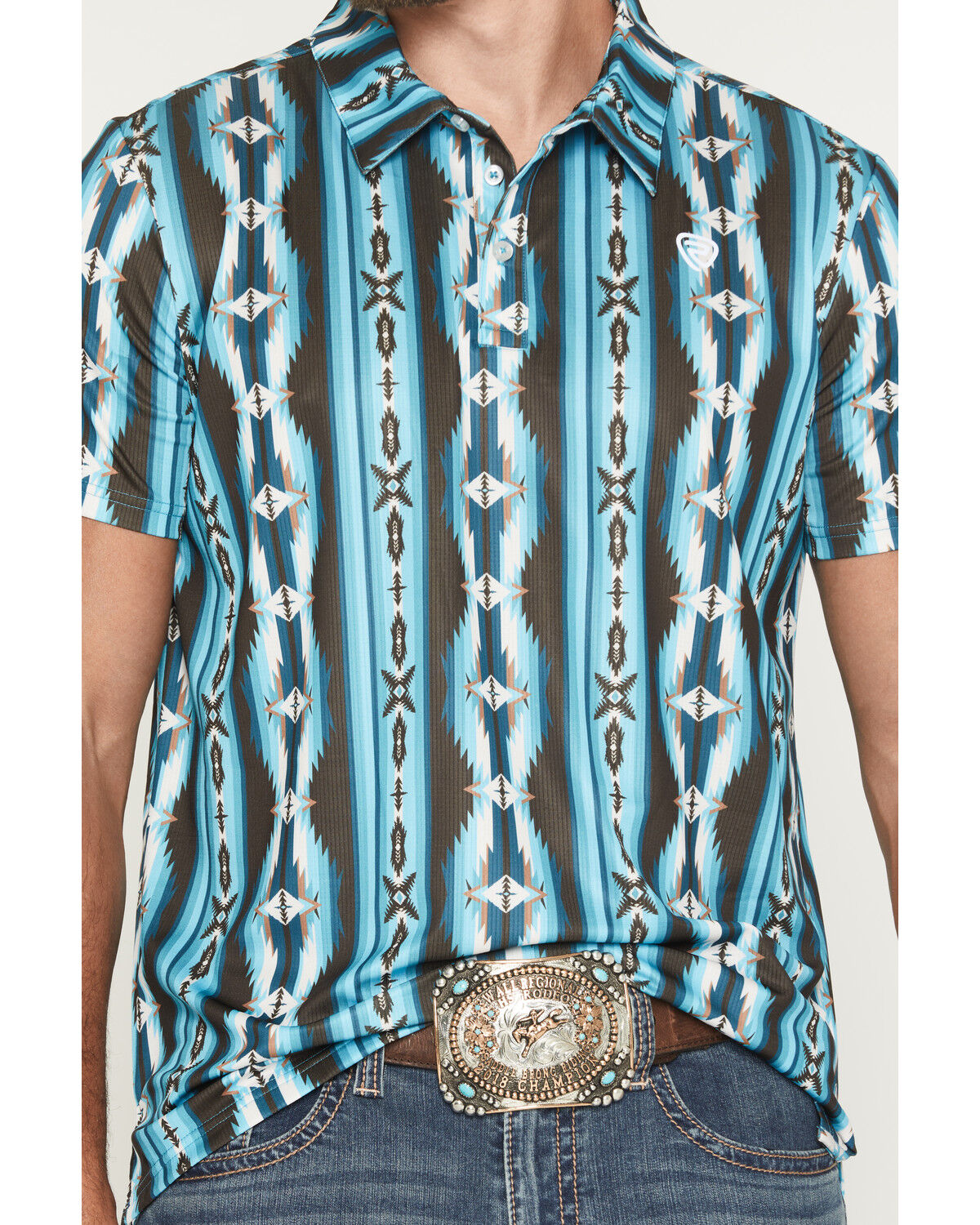 Image #3 - Rock & Roll Denim Men's Southwestern Stripe Short Sleeve Button-Down Stretch Polo Shirt, Teal, hi-res