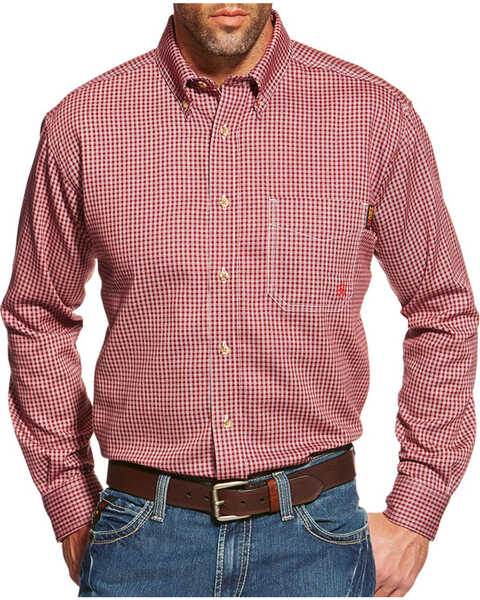 Image #1 - Ariat Men's FR Plaid Print Long Sleeve Work Shirt - Big & Tall, Wine, hi-res