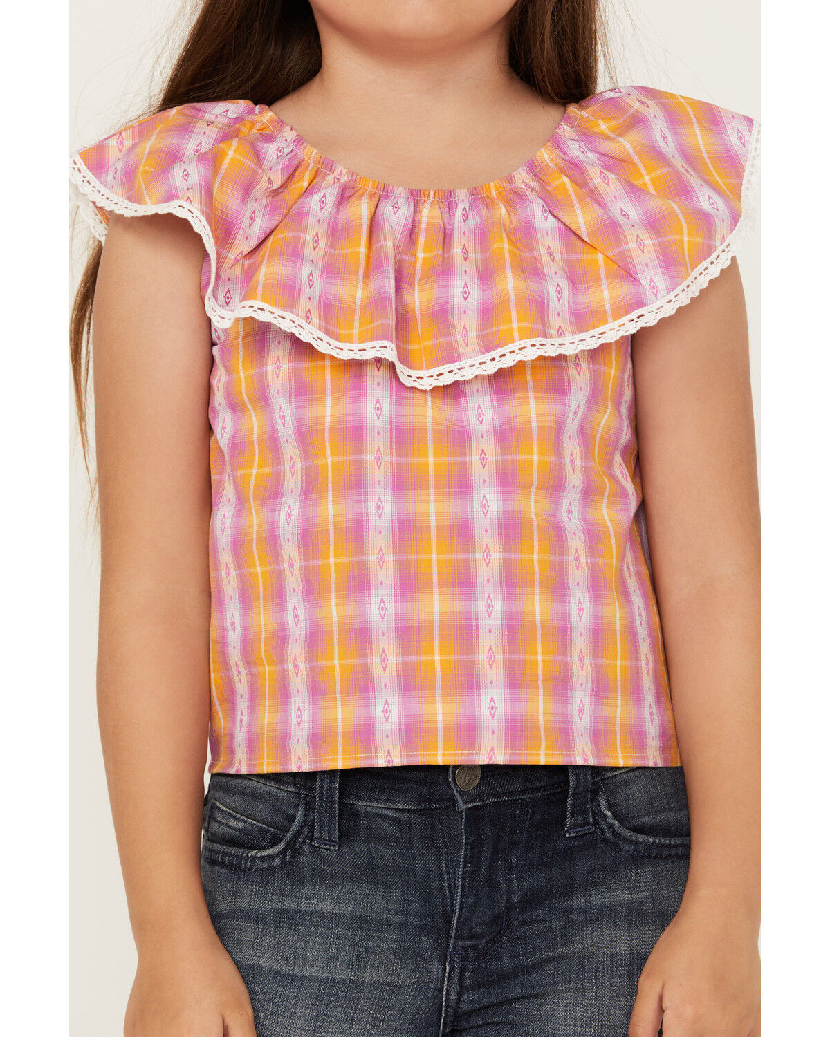 Image #3 - Shyanne Girls' Grid Plaid Print Ruffle Top, Grape, hi-res