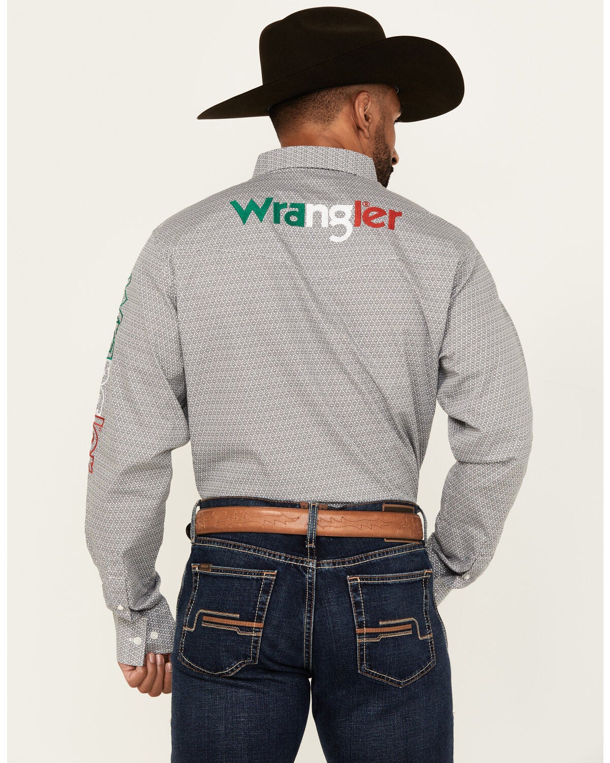 Image #4 - Wrangler Men's Mexico Flag Logo Geo Print Long Sleeve Button-Down Western Shirt - Tall, Grey, hi-res