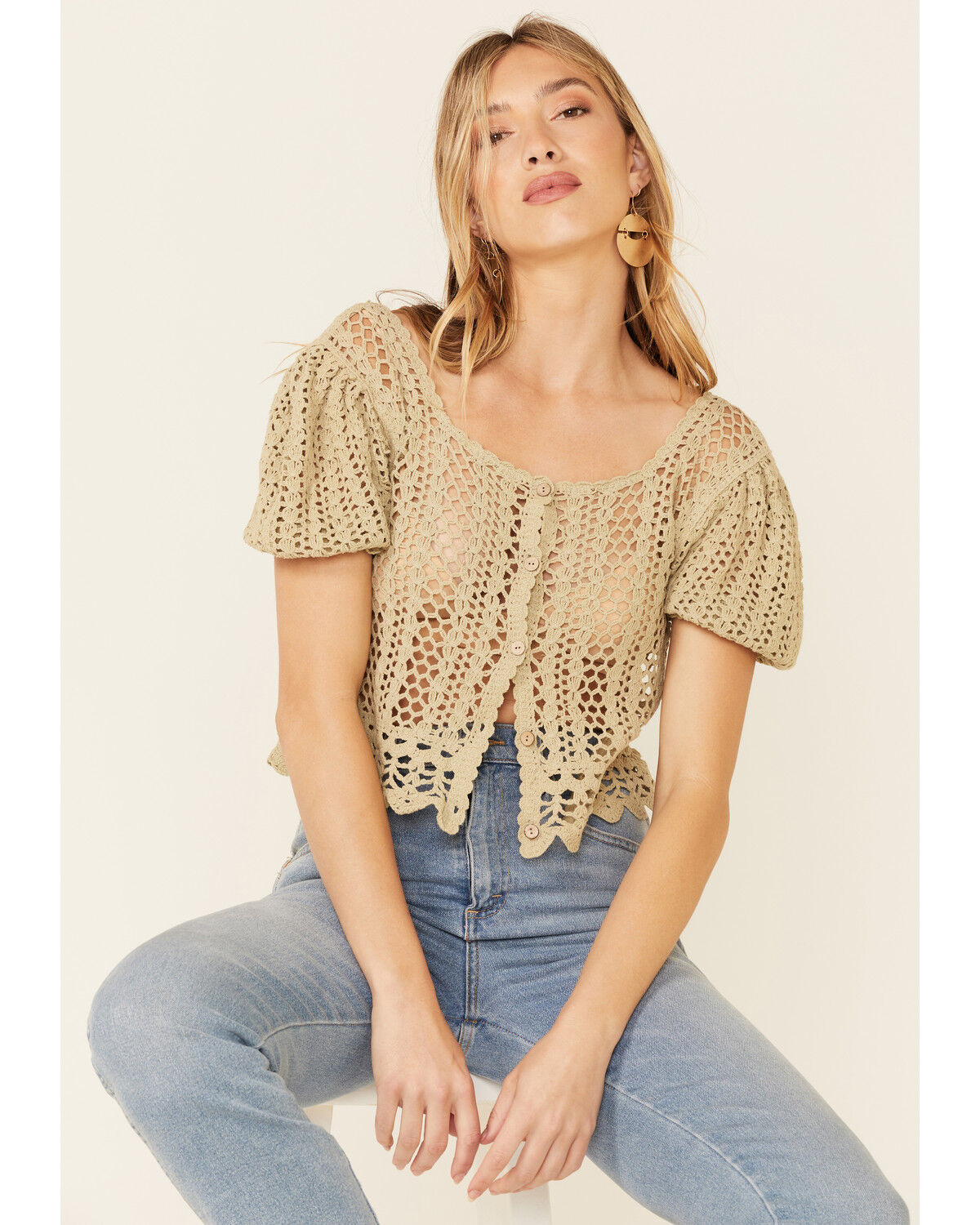 Image #1 - Very J Women's Open Weave Scallop Hem Short Sleeve Button-Down Crop Top, Olive, hi-res