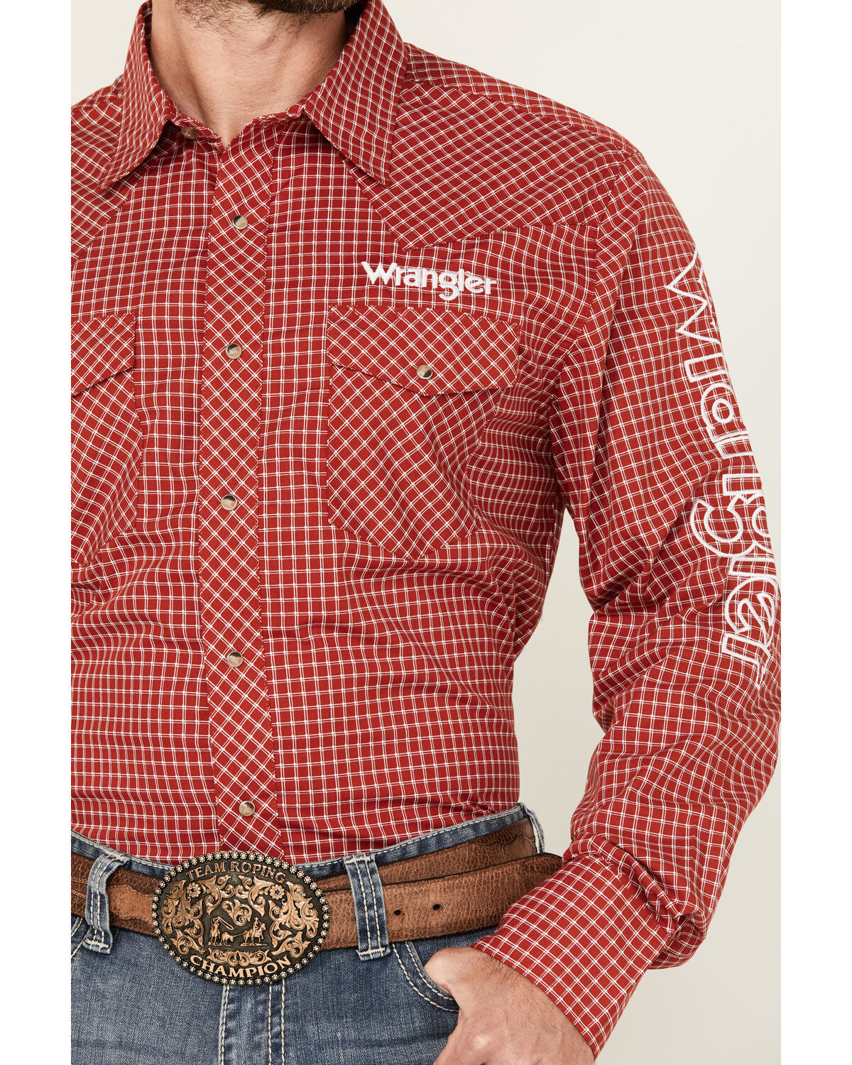 Image #3 - Wrangler Men's Logo Checkered Print Long Sleeve Snap Western Shirt, Red, hi-res