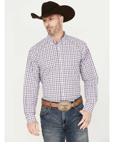 Image #1 - Ariat Men's Meir Plaid Long Sleeve Button Down Western Shirt - Tall, Purple, hi-res