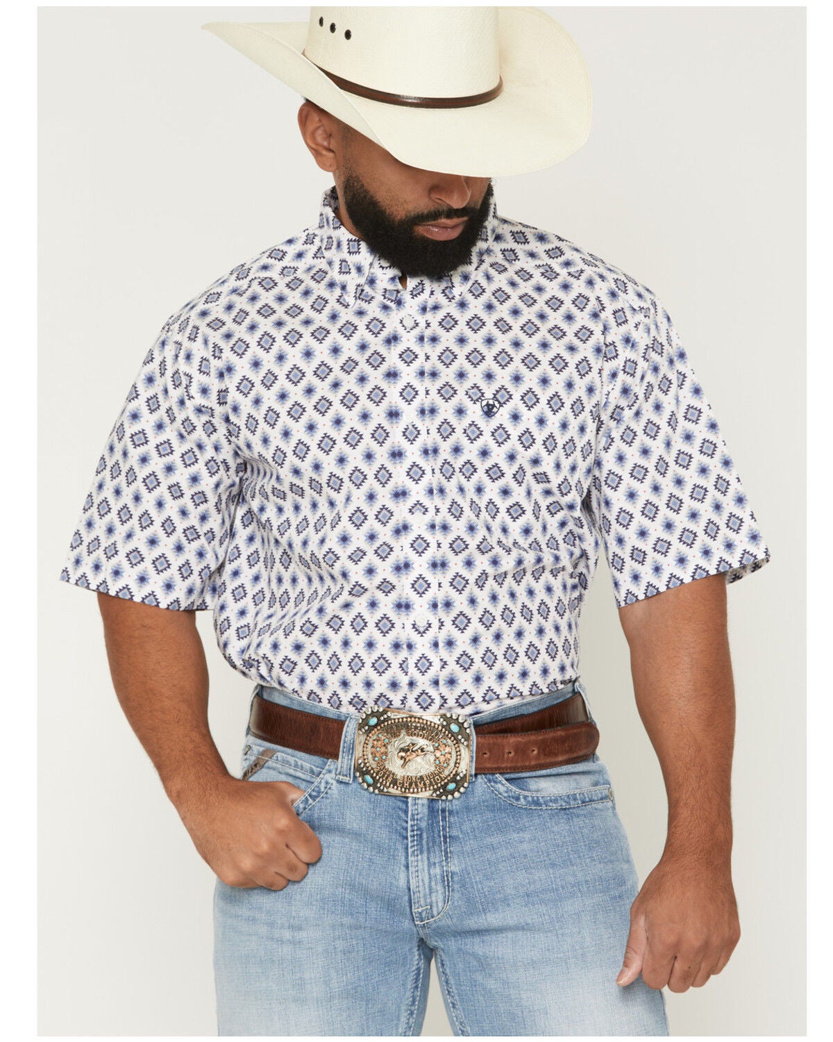 Image #1 - Ariat Men's Baxter Southwestern Print Short Sleeve Button-Down Western Shirt - Tall, White, hi-res