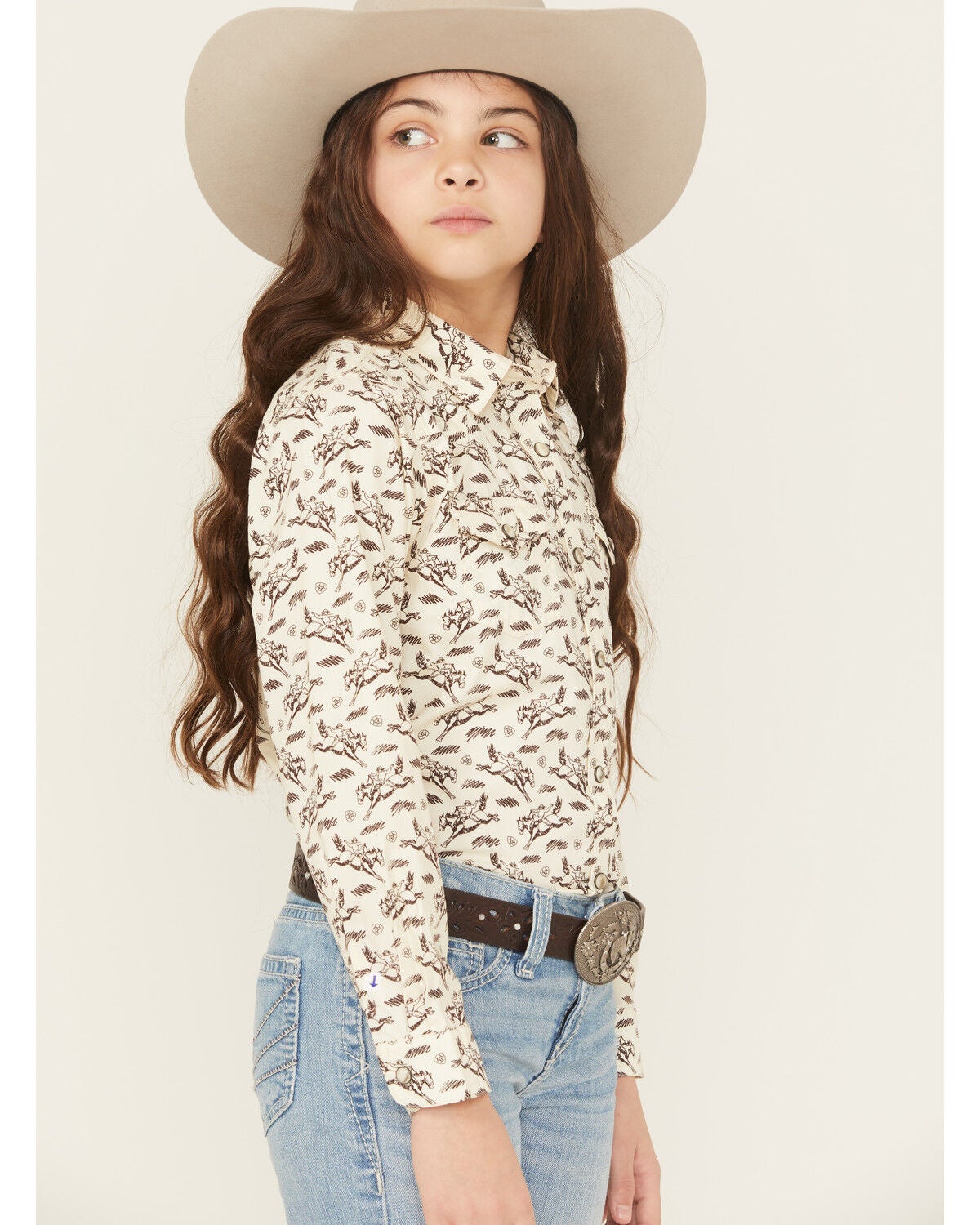 Image #2 - Ariat Girls' Horse Print Long Sleeve Snap Western Shirt, Cream, hi-res
