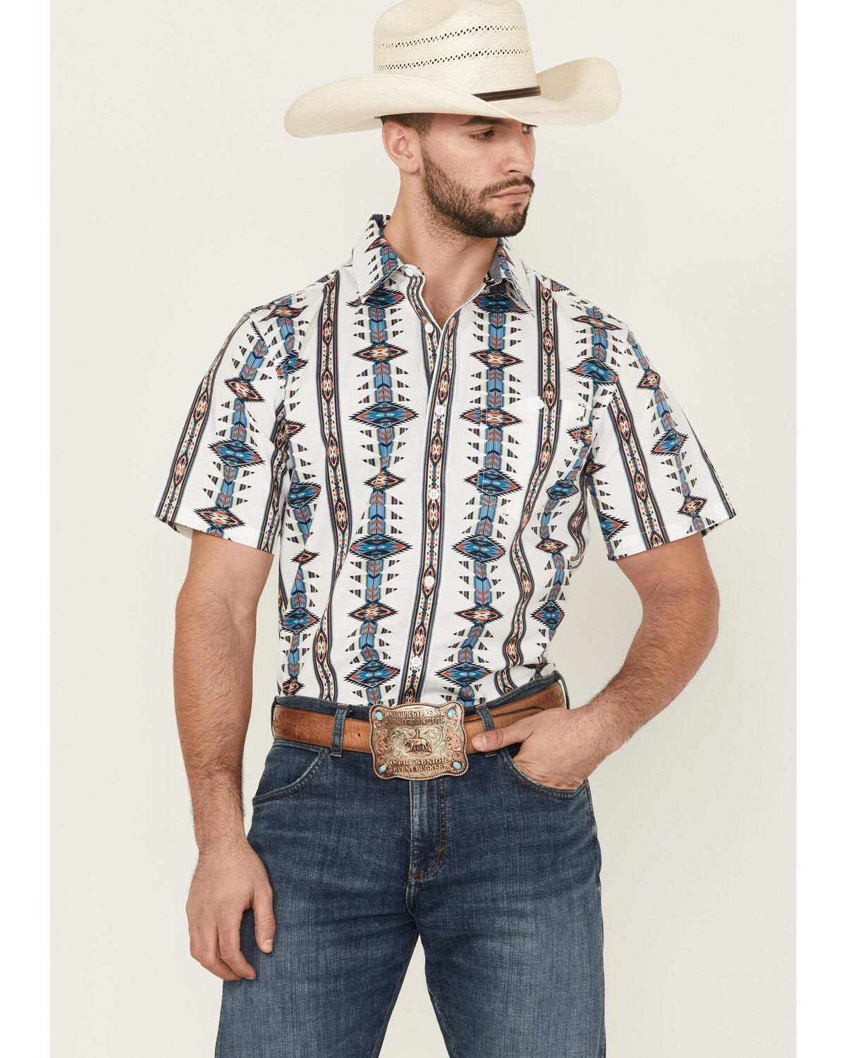 Image #1 - RANK 45® Men's Brody Southwestern Striped Short Sleeve Button-Down Stretch Western Shirt, White, hi-res