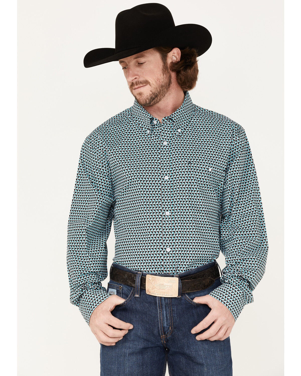 RANK 45&reg; Men's Colt Geo Print Long Sleeve Button-Down Western Shirt, White, hi-res