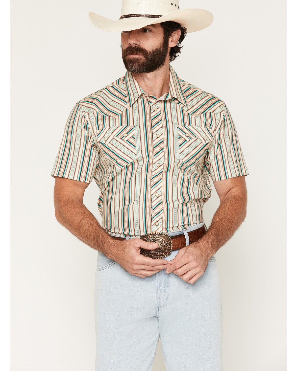 Rock & Roll Denim Men's Striped Short Sleeve Snap Stretch Western Shirt, Teal, hi-res