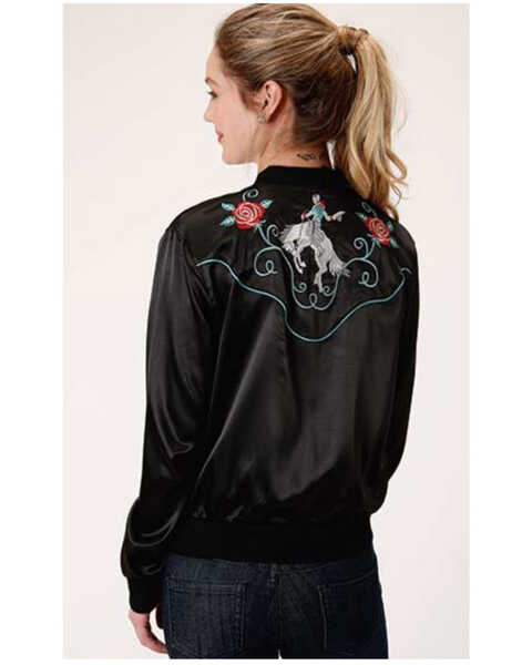 Image #2 - Roper Women's Black Satin Floral Embroidered Bomber Jacket, , hi-res