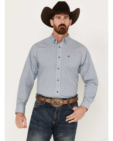 Ariat Men's Gery Geo Print Long Sleeve Button-Down Western Shirt - Tall, Blue, hi-res