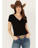 Image #1 - RANK 45® Women's Burnout Henley Tee, Black, hi-res