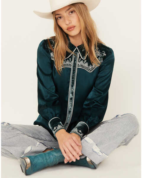 Image #1 - Shyanne Women's Embellished Velvet Long Sleeve Button-Down Western Shirt, Deep Teal, hi-res