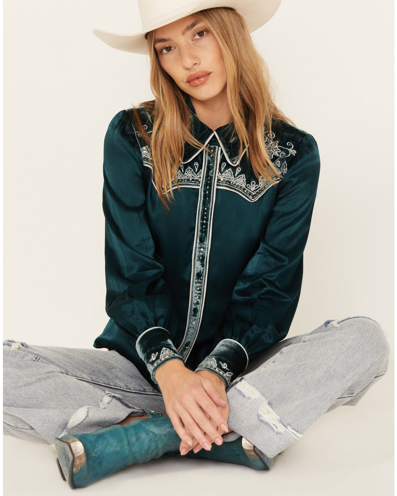 Shyanne Women s Embellished Velvet Long Sleeve Button Down Western Shirt Sheplers