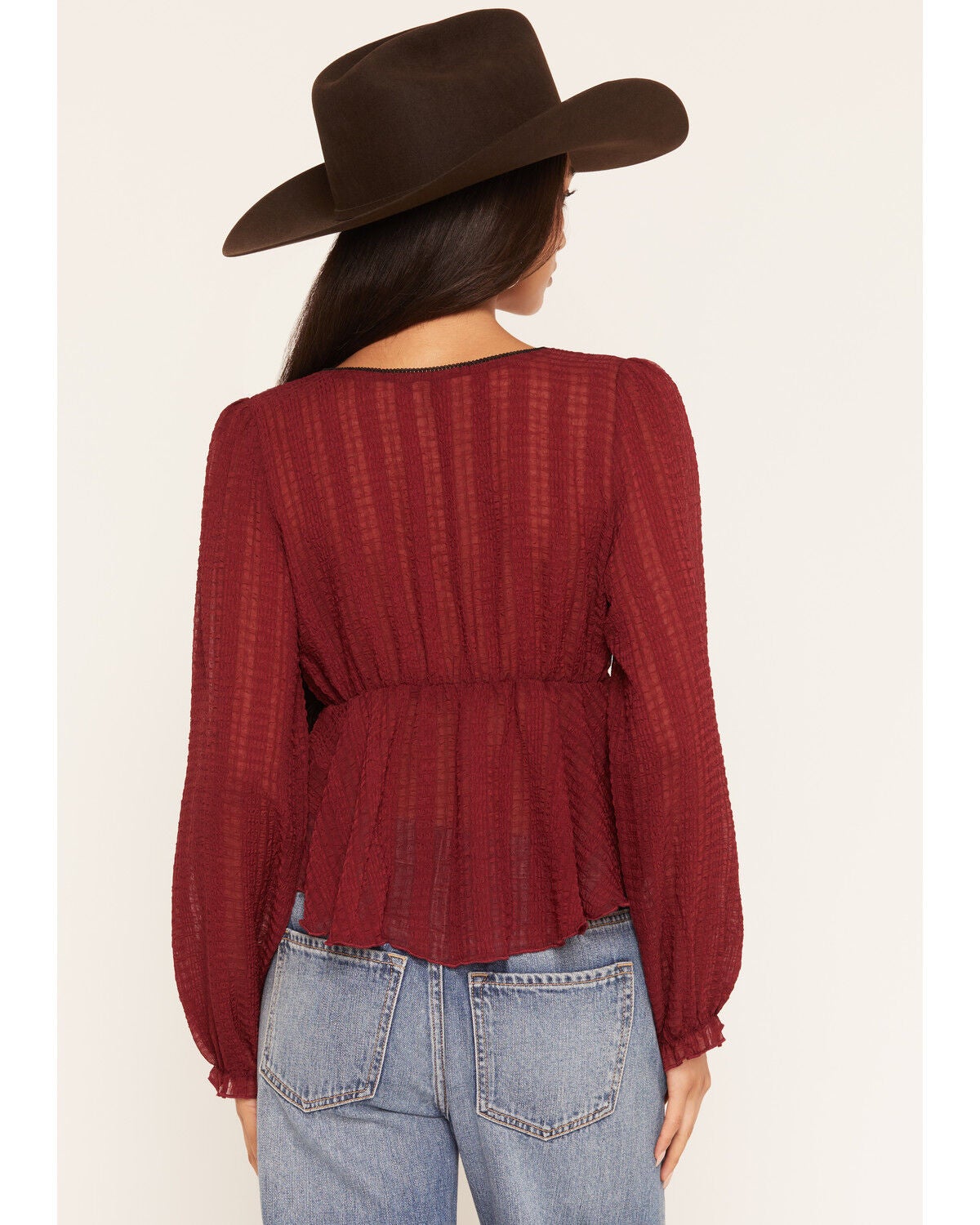 Image #4 - Wonderwest Women's Long Sleeve Bow Trim Top, Dark Red, hi-res