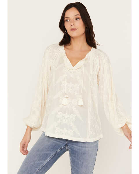 Shyanne Women's Long Sleeve Embroidered Boho Blouse, Cream, hi-res