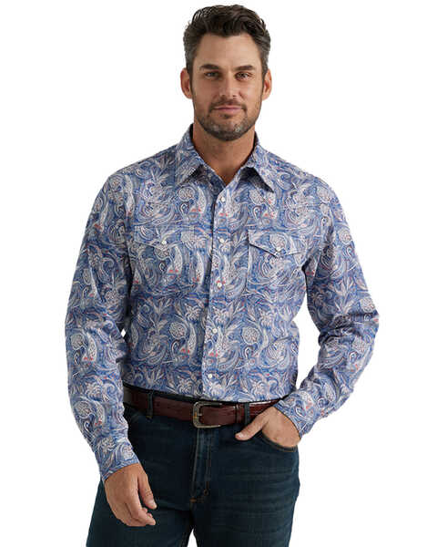 Image #1 - Wrangler 20X Men's Paisley Print Long Sleeve Pearl Snap Stretch Western Shirt , Blue, hi-res