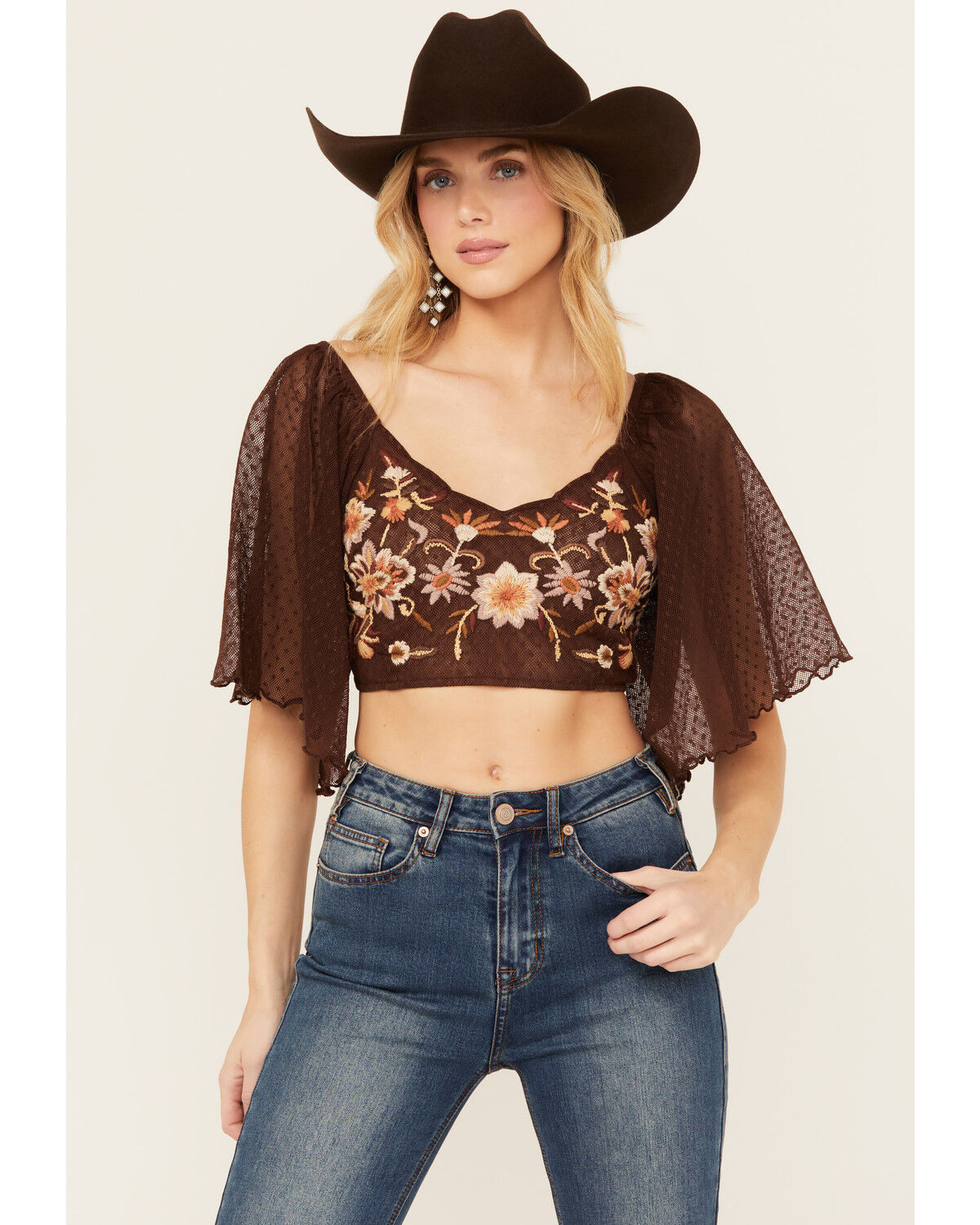 Image #1 - Shyanne Women's Embroidered Swiss Dot Mesh Short Sleeve Top, Dark Brown, hi-res