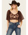 Image #1 - Shyanne Women's Embroidered Swiss Dot Mesh Short Sleeve Top, Dark Brown, hi-res