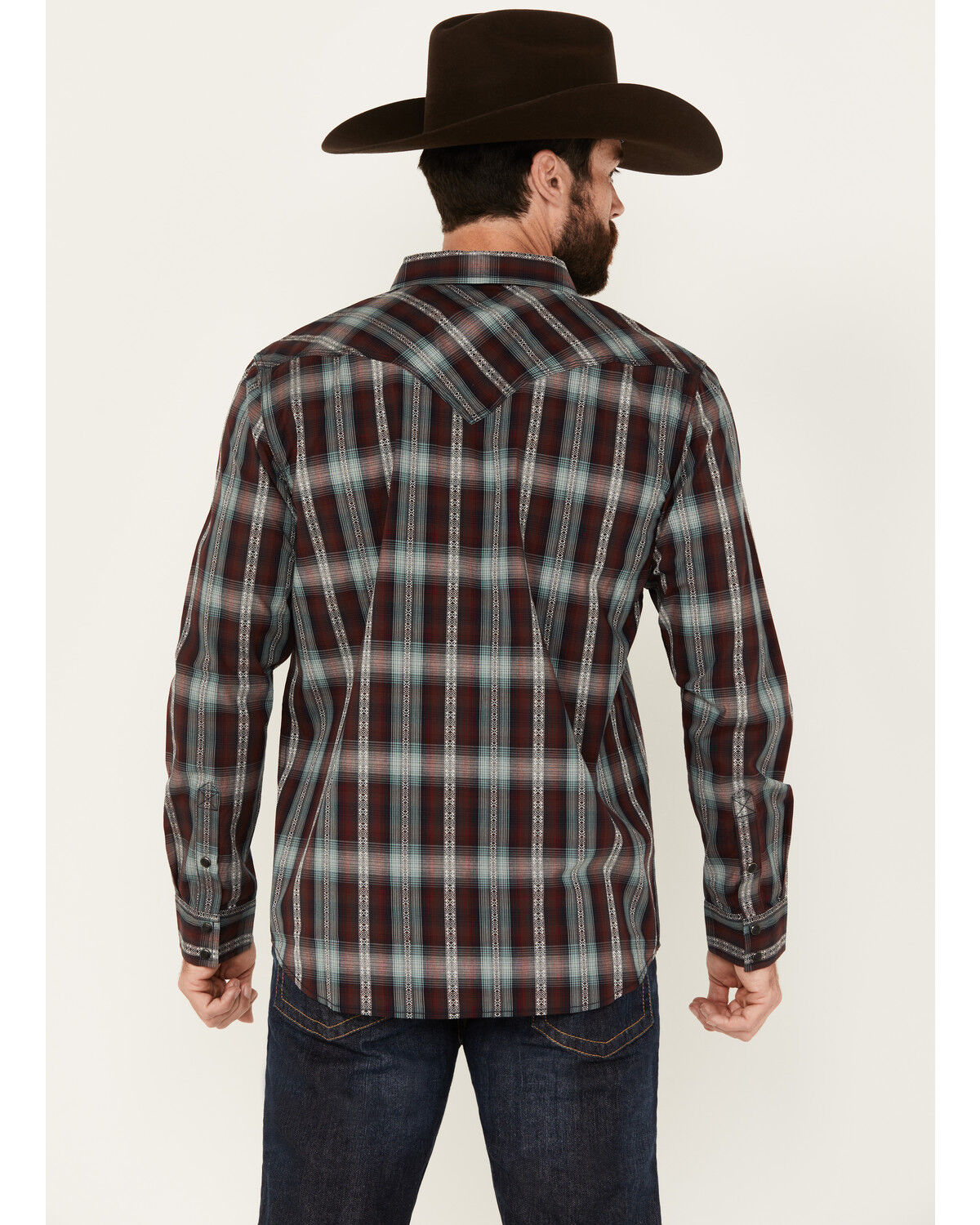 Image #4 - Moonshine Spirit Men's Lone Horn Plaid Print Long Sleeve Snap Western Shirt, Burgundy, hi-res