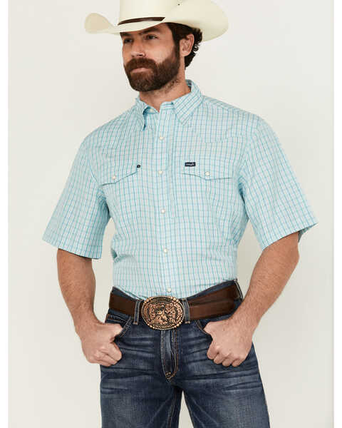 Image #1 - Wrangler Men's Plaid Print Short Sleeve Snap Performance Western Shirt , Turquoise, hi-res