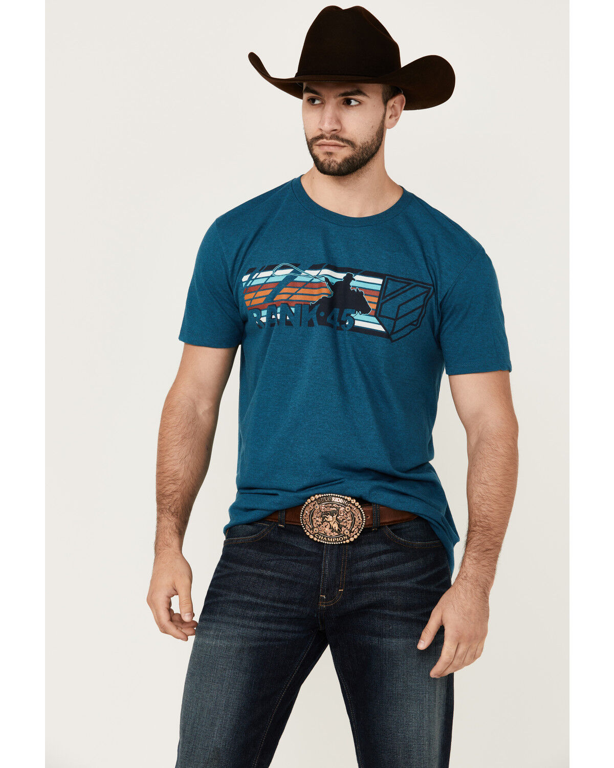 Image #1 - RANK 45® Men's Logo Chute Gate Serape Striped Print Short Sleeve Graphic T-Shirt, Teal, hi-res