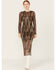 Image #1 - En Creme Women's Striped Mesh Long Sleeve Midi Dress, Brown, hi-res
