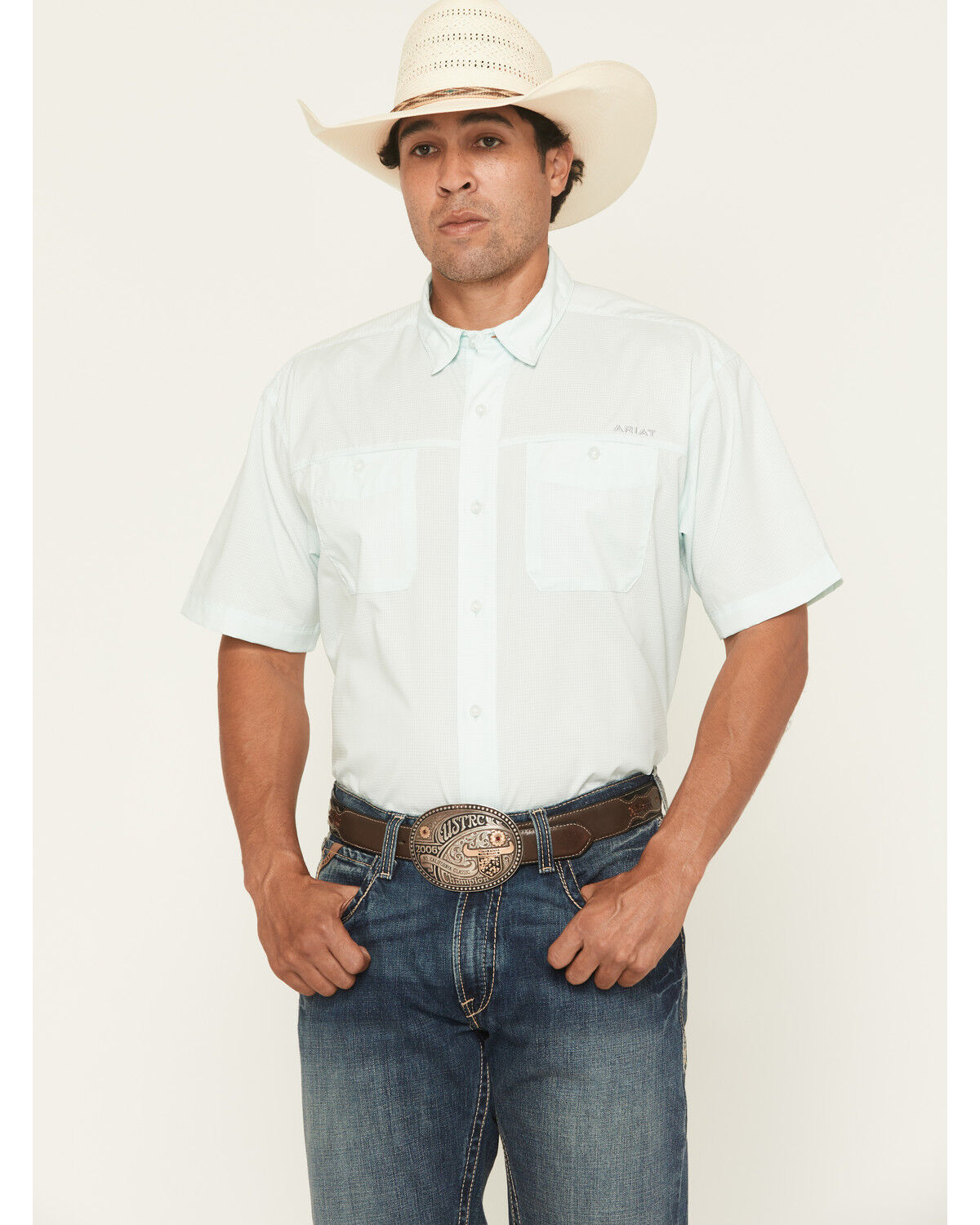 Image #1 - Ariat Men's 360 Airflow Classic Solid Long Sleeve Button-Down Performance Western Shirt, Aqua, hi-res